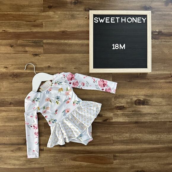 NWT SweetHoney Skirted Leotard Feeling Fancy White Pink Floral Long Sleeves 18M - Picture 1 of 4